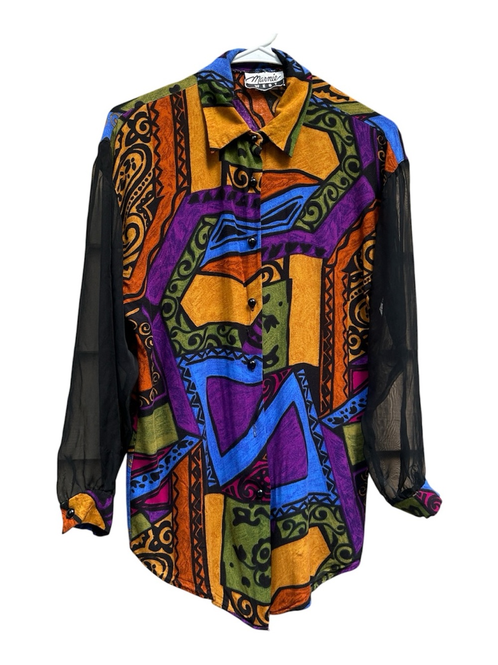 90s Vintage Marine West Jewel Tone Abstract Print Sheer Sleeve Button Up Blouse